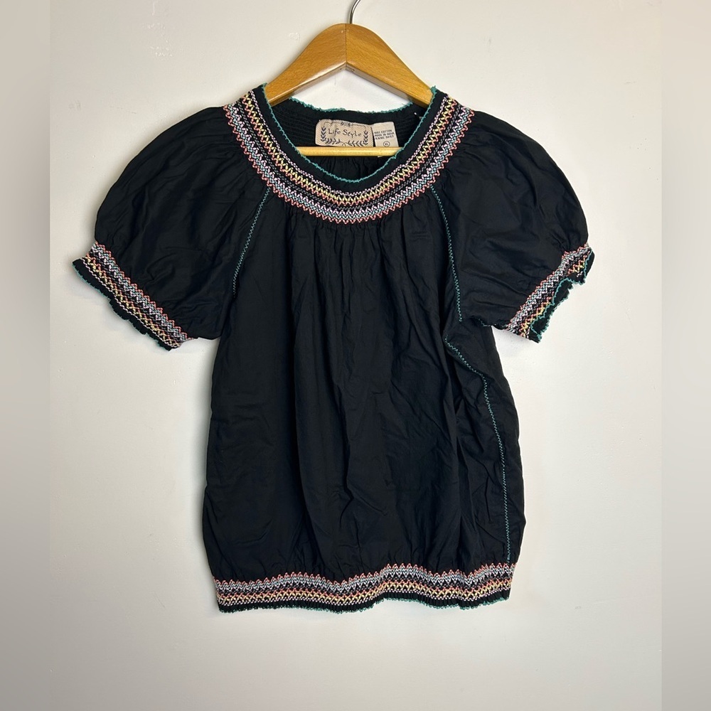 Life style Xl Black Puff Sleeve Top Blouse Multicolor Smoched Neck  Cropped boho